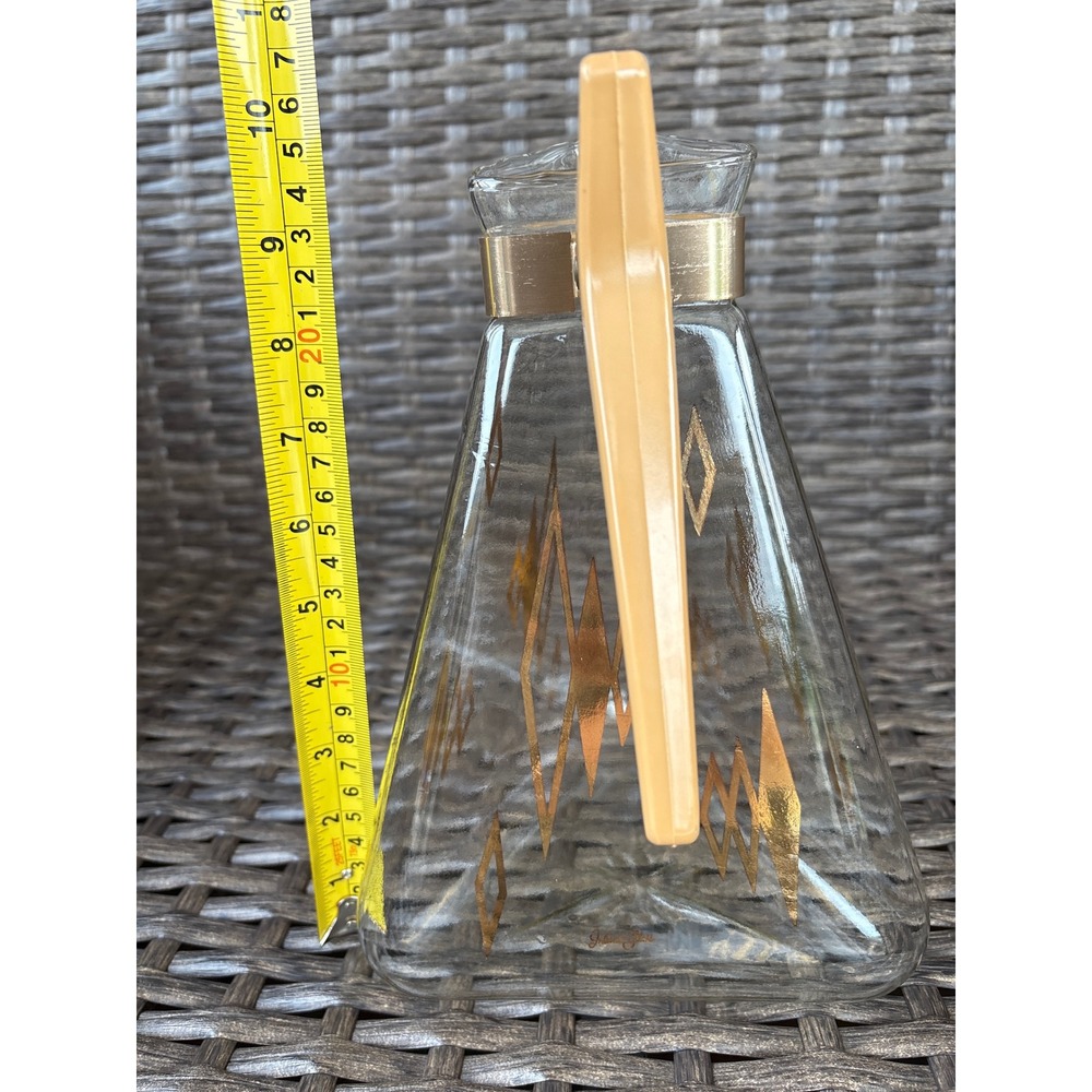 Vintage Inland Glass Triangle Carafe Pitcher Gold Atomic Diamond MCM 9.5in Retro - Picture 2 of 10